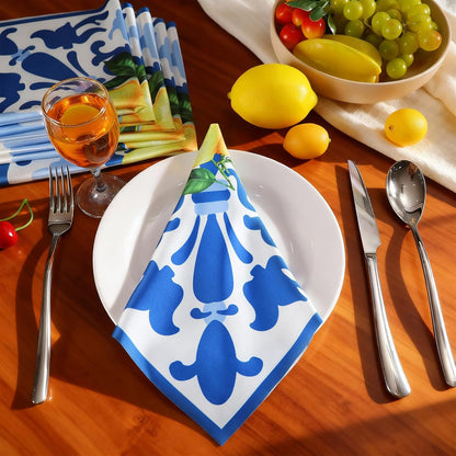 6 Pcs Capri Lemon Napkins Polyester 17" x 17" Italy Blue Tiles Lemon Napkins Summer Napkin Washable Reusable Blue and Yellow Napkin for Italian Theme Birthday Party Dinner Table Wedding Decor