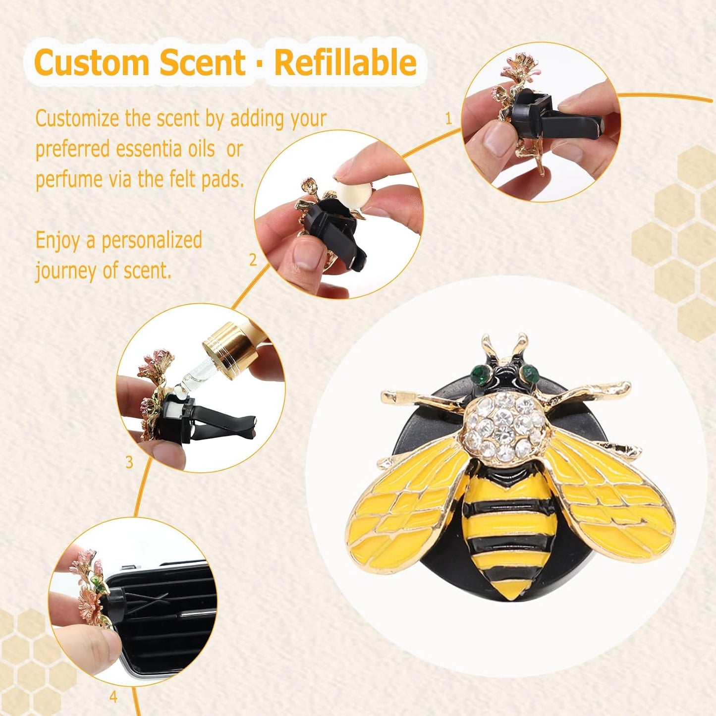 ORIESSE Cute Bee Car Accessories,Bumblebee Car Air Freshener Vent Clips | 2pcs Bling Yellow Bee Alloy Vent Clips Car Decor with Rhinestones,Women Car Air Freshener Car Charm