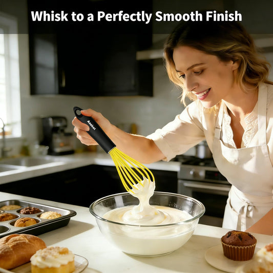 Silicone Whisk, Thick Stainless Steel Wire Inner Heat Resistant - Kitchen Whisks for Non-Stick Cookware, Balloon Egg Beater for Whisking, Blending, Beating, Frothing & Stirring (Yellow)
