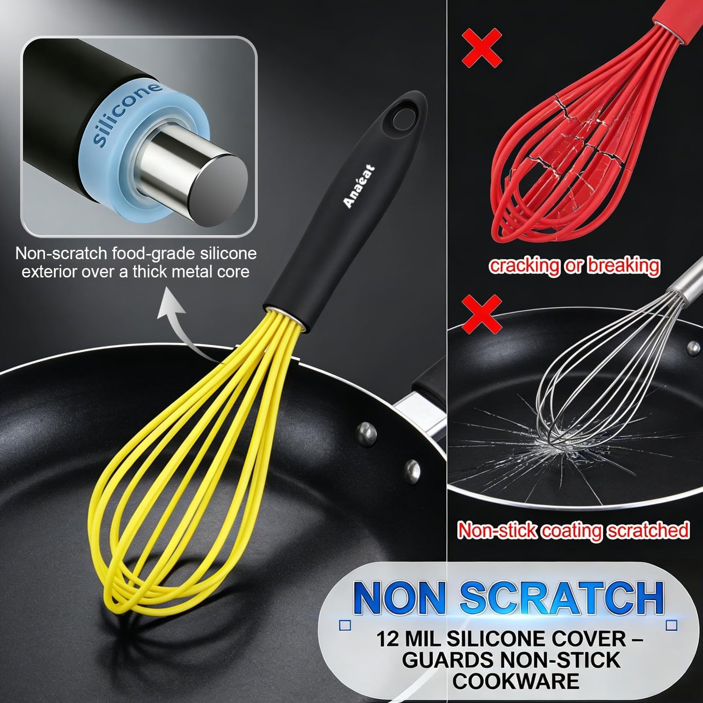 Silicone Whisk, Thick Stainless Steel Wire Inner Heat Resistant - Kitchen Whisks for Non-Stick Cookware, Balloon Egg Beater for Whisking, Blending, Beating, Frothing & Stirring (Yellow)