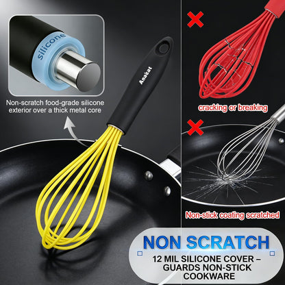 Silicone Whisk, Thick Stainless Steel Wire Inner Heat Resistant - Kitchen Whisks for Non-Stick Cookware, Balloon Egg Beater for Whisking, Blending, Beating, Frothing & Stirring (Yellow)