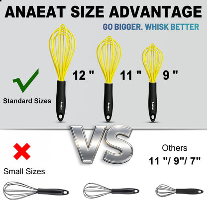 Silicone Whisk, Thick Stainless Steel Wire Inner Heat Resistant - Kitchen Whisks for Non-Stick Cookware, Balloon Egg Beater for Whisking, Blending, Beating, Frothing & Stirring (Yellow)