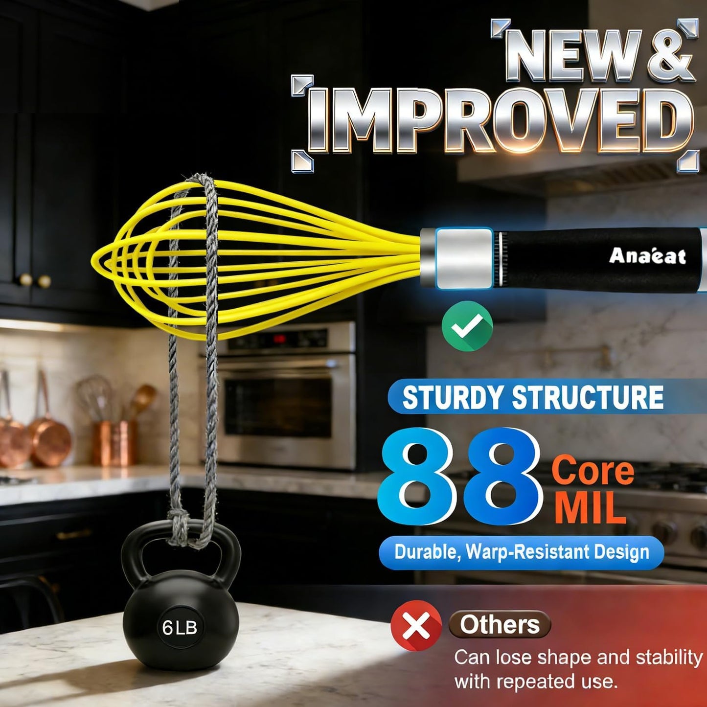 Silicone Whisk, Thick Stainless Steel Wire Inner Heat Resistant - Kitchen Whisks for Non-Stick Cookware, Balloon Egg Beater for Whisking, Blending, Beating, Frothing & Stirring (Yellow)