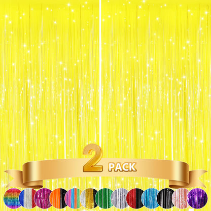 GCB 2Pack Yellow Foil Curtain Streamer Decorations, Metallic Tinsel Curtain | Door Streamers & Photo Booth Tinsel Backdrop for Birthday, Baby Shower, Bachelorette, Christmas Party Decorations Wall Decor