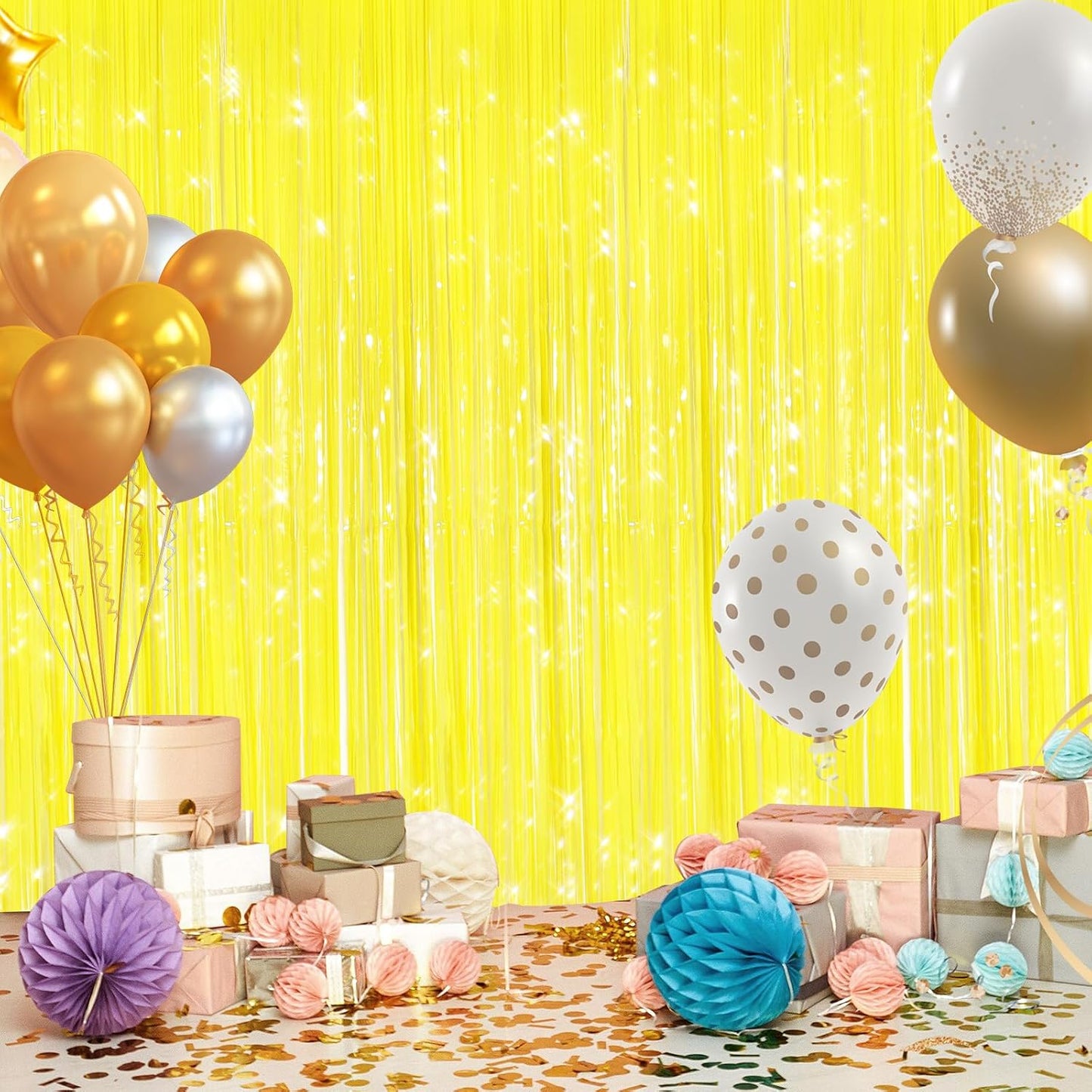 GCB 2Pack Yellow Foil Curtain Streamer Decorations, Metallic Tinsel Curtain | Door Streamers & Photo Booth Tinsel Backdrop for Birthday, Baby Shower, Bachelorette, Christmas Party Decorations Wall Decor