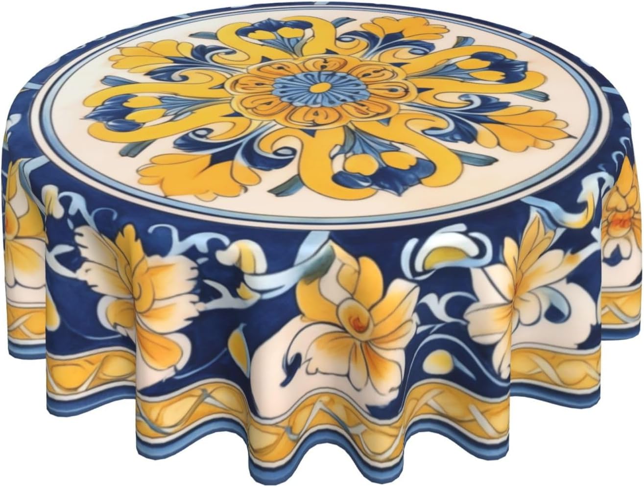 Yellow Blue Floral Round Tablecloth 60 Inch Washable Reusable Decoration Table Cover for Kitchen Party