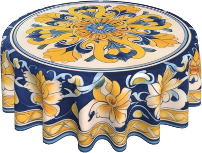 Yellow Blue Floral Round Tablecloth 60 Inch Washable Reusable Decoration Table Cover for Kitchen Party