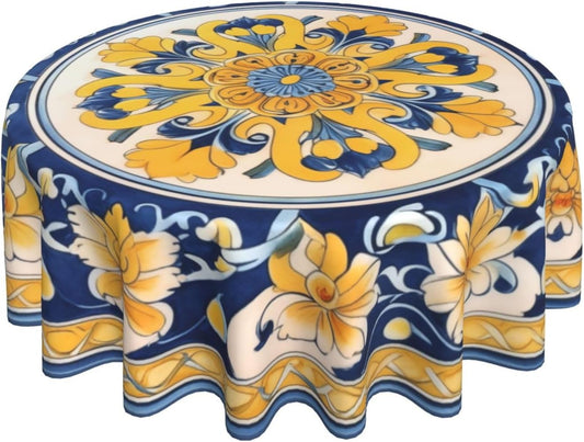 Yellow Blue Floral Round Tablecloth 60 Inch Washable Reusable Decoration Table Cover for Kitchen Party