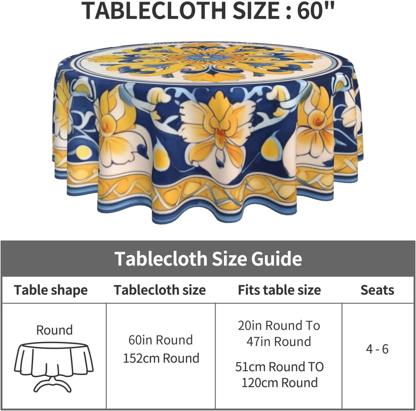 Yellow Blue Floral Round Tablecloth 60 Inch Washable Reusable Decoration Table Cover for Kitchen Party