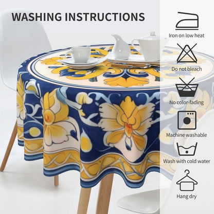 Yellow Blue Floral Round Tablecloth 60 Inch Washable Reusable Decoration Table Cover for Kitchen Party