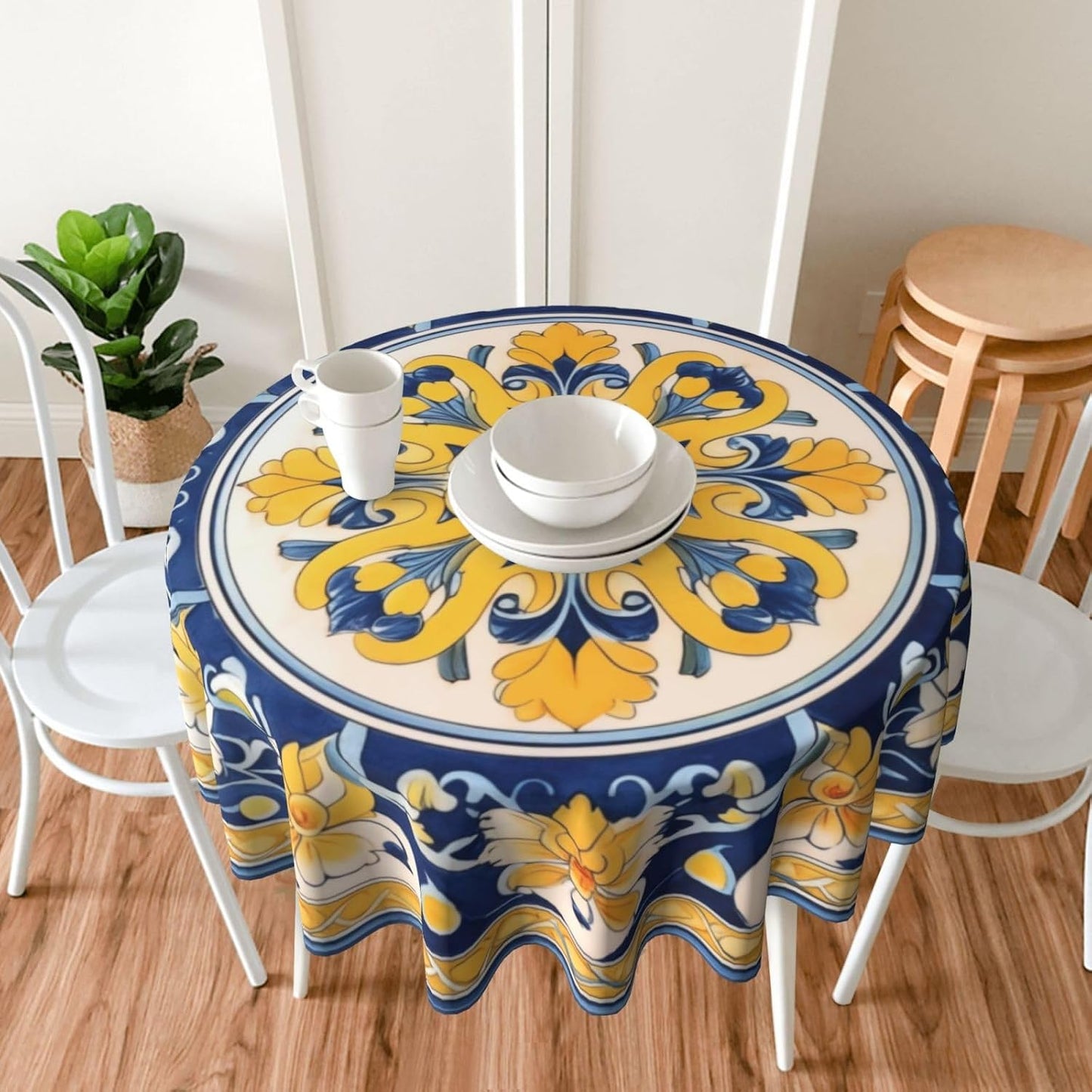 Yellow Blue Floral Round Tablecloth 60 Inch Washable Reusable Decoration Table Cover for Kitchen Party