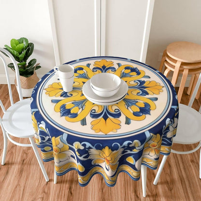 Yellow Blue Floral Round Tablecloth 60 Inch Washable Reusable Decoration Table Cover for Kitchen Party