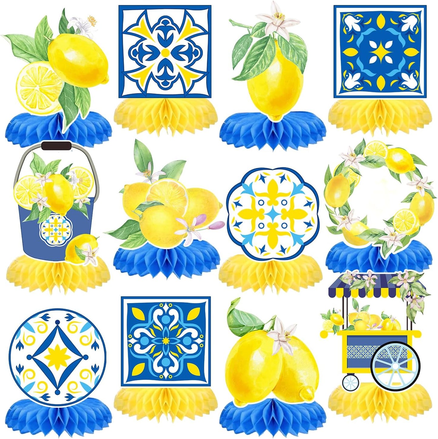 12 Pcs Capri Lemon Blue Yellow Tiles Honeycomb Centerpieces Decorations Mediterranean Amalfi Coast Centerpieces for Lemon Birthday Party Italian Summer Wedding, Bridal Shower Bachelorette Fiesta Decor