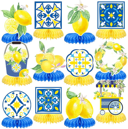 12 Pcs Capri Lemon Blue Yellow Tiles Honeycomb Centerpieces Decorations Mediterranean Amalfi Coast Centerpieces for Lemon Birthday Party Italian Summer Wedding, Bridal Shower Bachelorette Fiesta Decor
