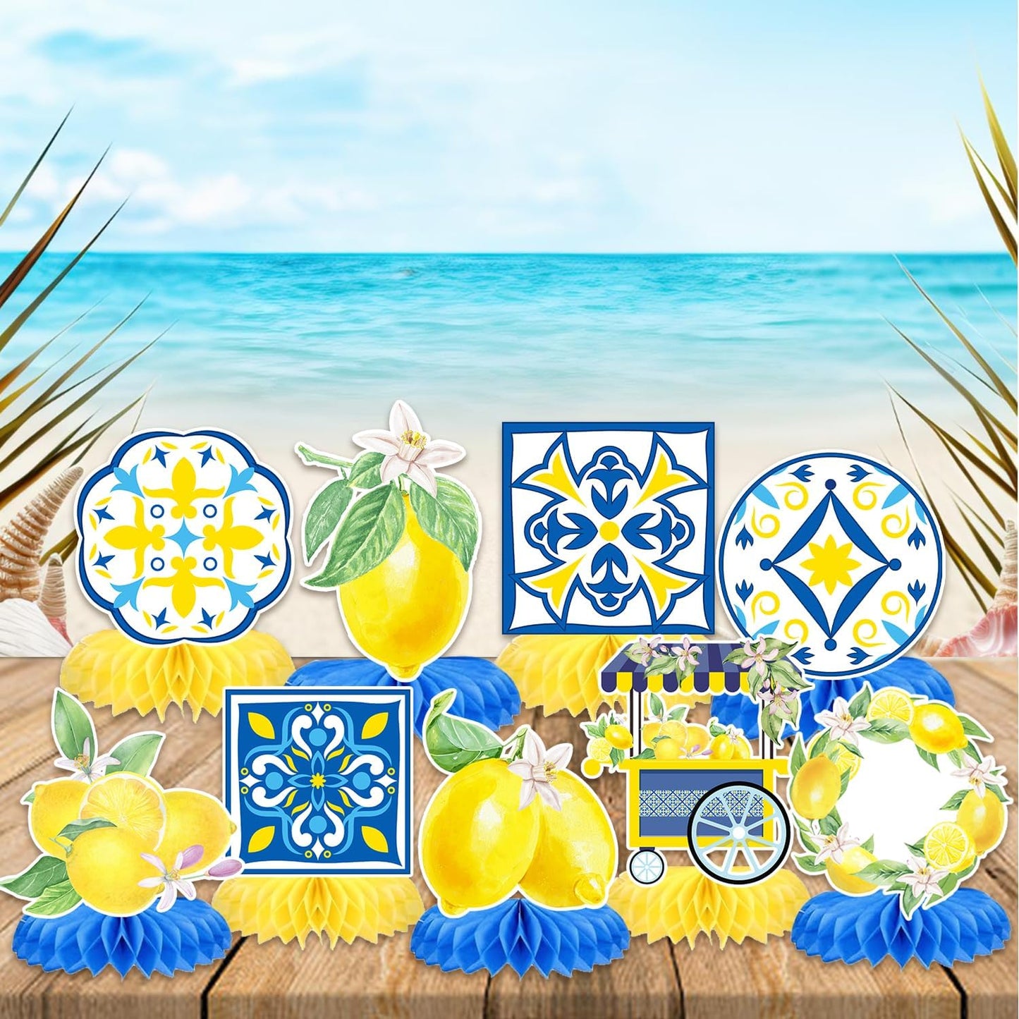 12 Pcs Capri Lemon Blue Yellow Tiles Honeycomb Centerpieces Decorations Mediterranean Amalfi Coast Centerpieces for Lemon Birthday Party Italian Summer Wedding, Bridal Shower Bachelorette Fiesta Decor