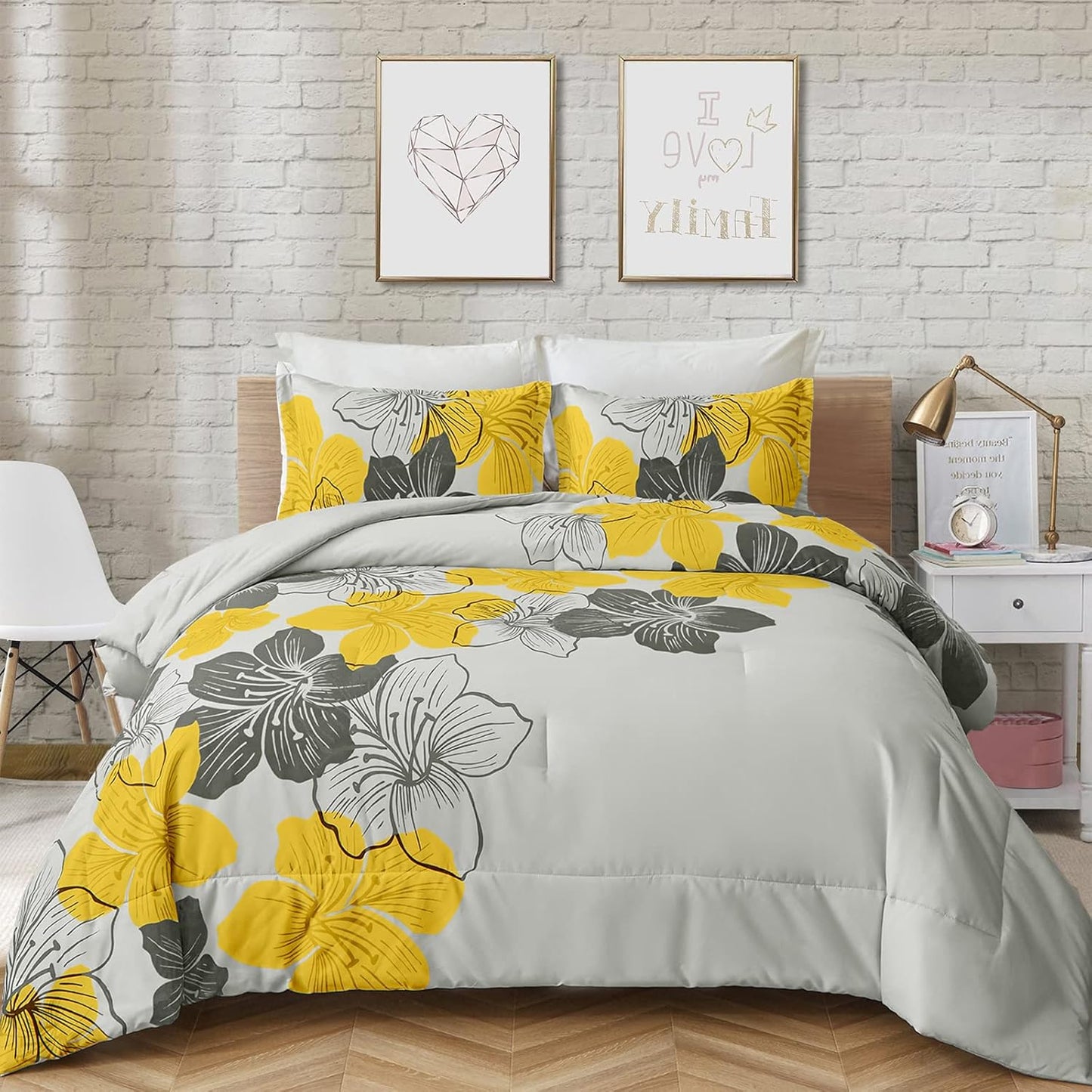 King Comforter Set Yellow Floral and Grey Bedding, Soft Microfiber Bedding Lightweight Boho Bed Comforter Set for All Season (1 Comforter, 2 Pillowcases)
