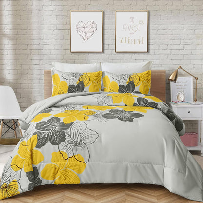 King Comforter Set Yellow Floral and Grey Bedding, Soft Microfiber Bedding Lightweight Boho Bed Comforter Set for All Season (1 Comforter, 2 Pillowcases)
