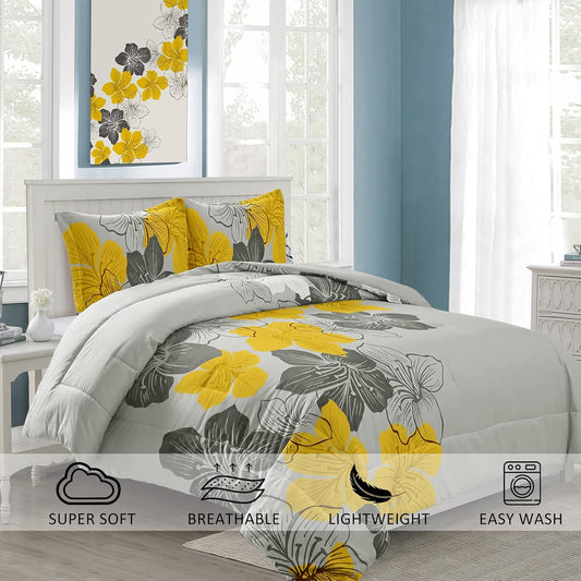 King Comforter Set Yellow Floral and Grey Bedding, Soft Microfiber Bedding Lightweight Boho Bed Comforter Set for All Season (1 Comforter, 2 Pillowcases)