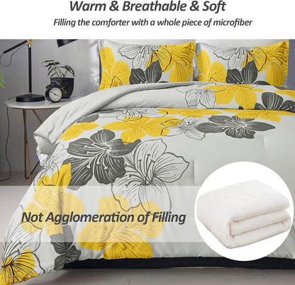 King Comforter Set Yellow Floral and Grey Bedding, Soft Microfiber Bedding Lightweight Boho Bed Comforter Set for All Season (1 Comforter, 2 Pillowcases)
