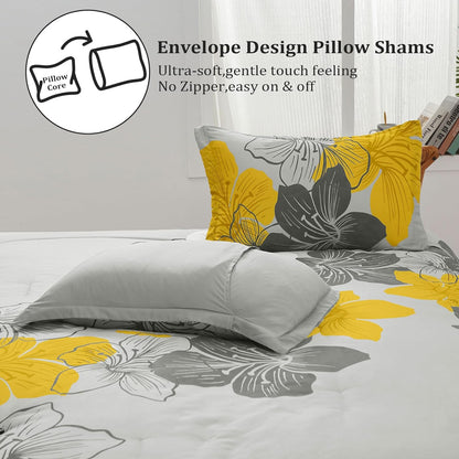 King Comforter Set Yellow Floral and Grey Bedding, Soft Microfiber Bedding Lightweight Boho Bed Comforter Set for All Season (1 Comforter, 2 Pillowcases)