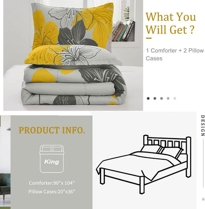 King Comforter Set Yellow Floral and Grey Bedding, Soft Microfiber Bedding Lightweight Boho Bed Comforter Set for All Season (1 Comforter, 2 Pillowcases)