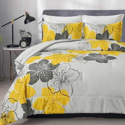 King Comforter Set Yellow Floral and Grey Bedding, Soft Microfiber Bedding Lightweight Boho Bed Comforter Set for All Season (1 Comforter, 2 Pillowcases)