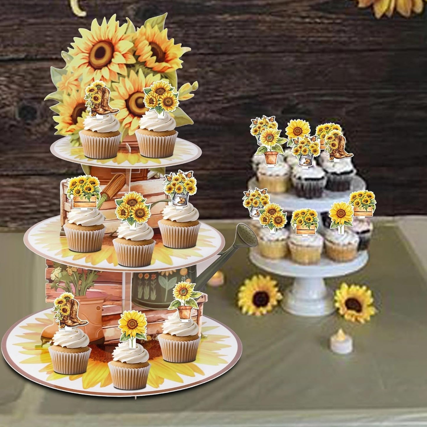 Yellow Sunflower 3-Tier Cupcake Tower Stand Holder With 24Pcs Cupcake Toppers for Spring Garden Summer Sunflower Birhtday Welcome Baby Shower Bridal Shower Wedding