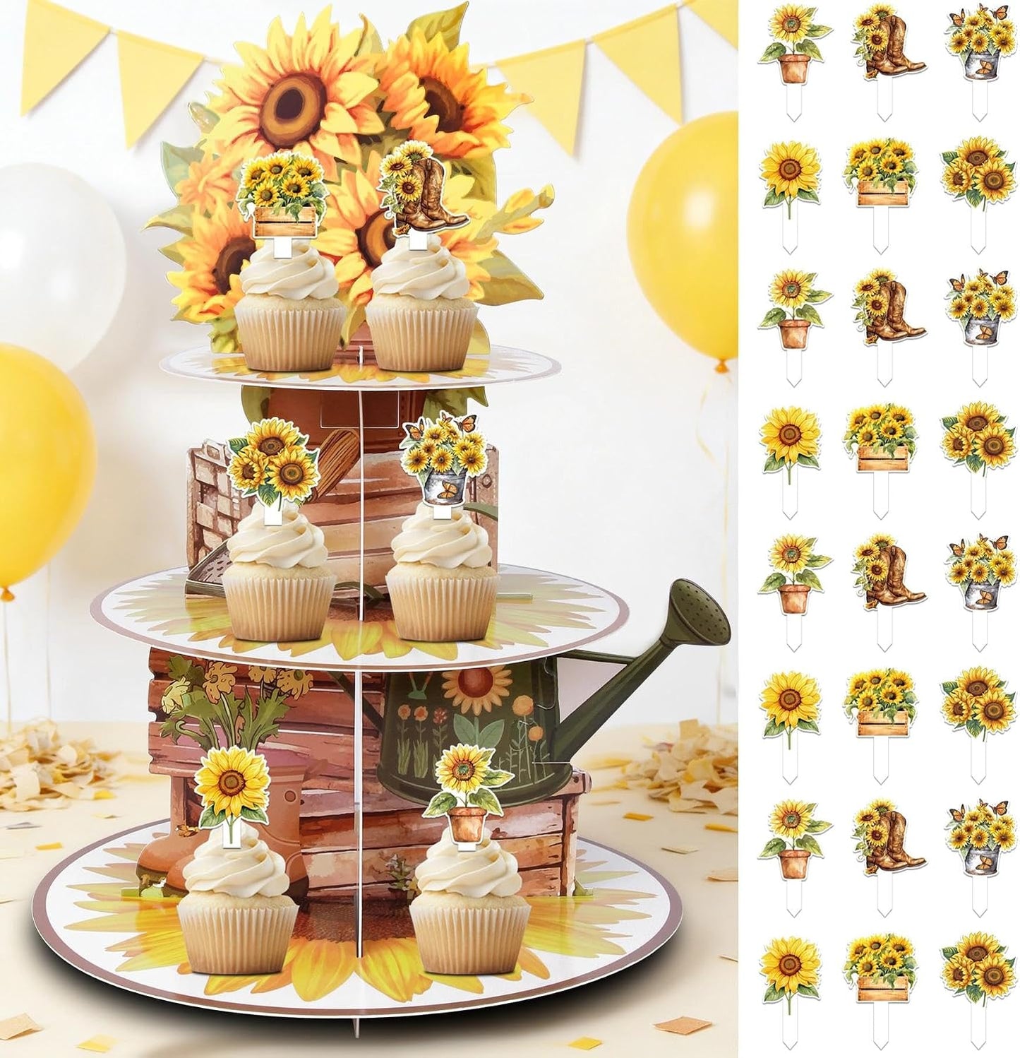 Yellow Sunflower 3-Tier Cupcake Tower Stand Holder With 24Pcs Cupcake Toppers for Spring Garden Summer Sunflower Birhtday Welcome Baby Shower Bridal Shower Wedding