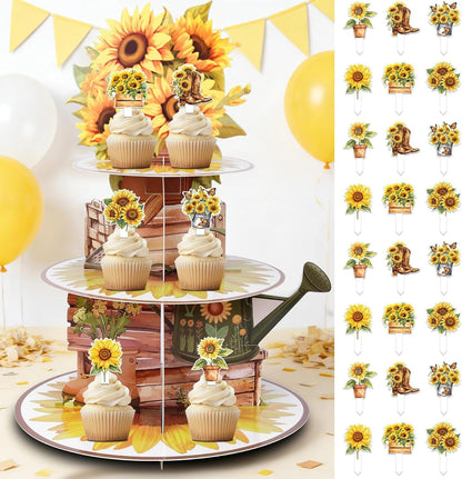 Yellow Sunflower 3-Tier Cupcake Tower Stand Holder With 24Pcs Cupcake Toppers for Spring Garden Summer Sunflower Birhtday Welcome Baby Shower Bridal Shower Wedding