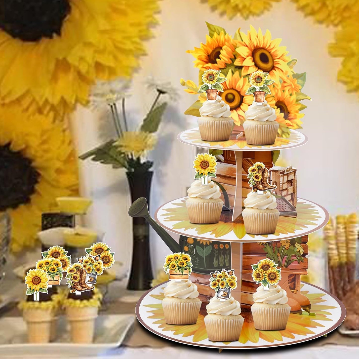 Yellow Sunflower 3-Tier Cupcake Tower Stand Holder With 24Pcs Cupcake Toppers for Spring Garden Summer Sunflower Birhtday Welcome Baby Shower Bridal Shower Wedding
