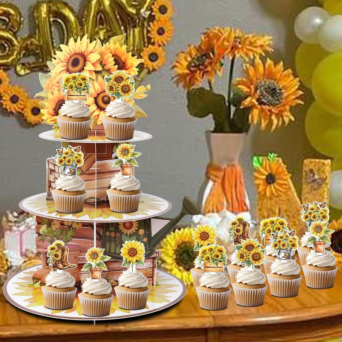 Yellow Sunflower 3-Tier Cupcake Tower Stand Holder With 24Pcs Cupcake Toppers for Spring Garden Summer Sunflower Birhtday Welcome Baby Shower Bridal Shower Wedding