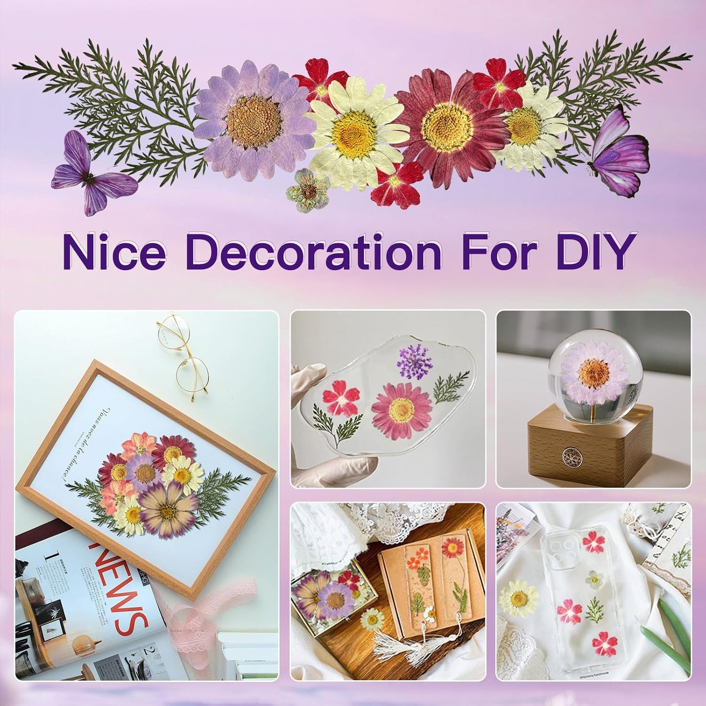 Natural Dried Pressed Flowers, Real Nature Flowers Craft Set for Resin Jewelry Candle Soap Vase Making Nail Card Scrapbook Art Floral Decors (Purple)