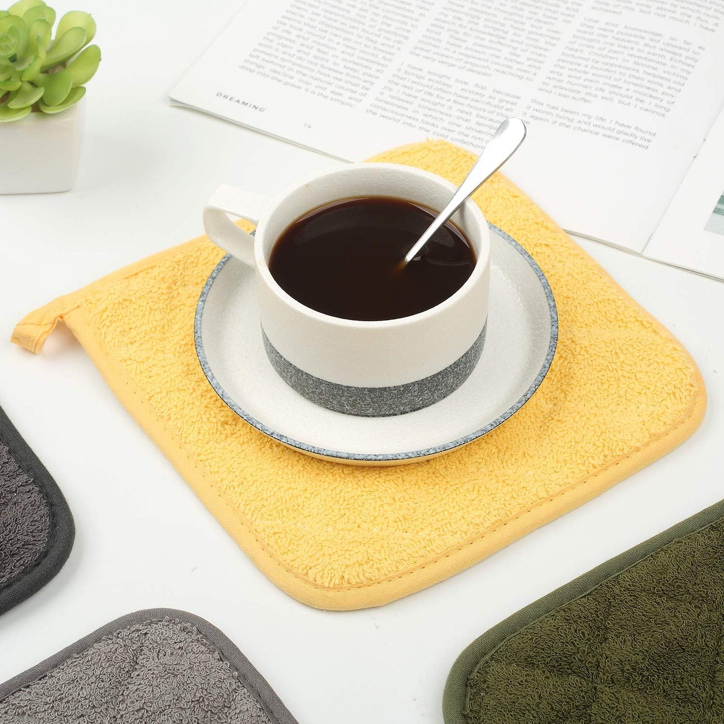 100% Cotton Kitchen Everyday Basic Terry Pot Holder Heat Resistant Coaster Potholder for Cooking and Baking Set of 5 Yellow