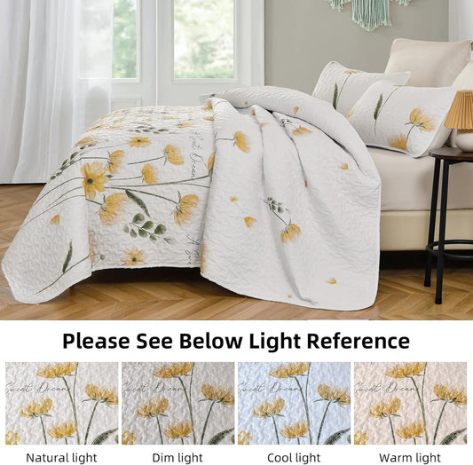Quilt Set Queen Cute Floral Bedspread Coverlet Yellow Flower Quilts Microfiber Lightweight Summer Bedding Sets Reversible Soft Quilted Bed Cover for All Season(96"x90")