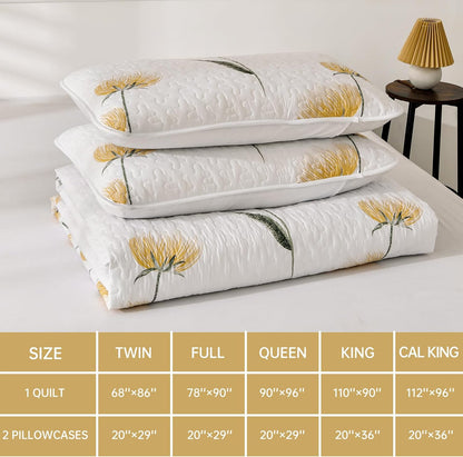 Quilt Set Queen Cute Floral Bedspread Coverlet Yellow Flower Quilts Microfiber Lightweight Summer Bedding Sets Reversible Soft Quilted Bed Cover for All Season(96"x90")