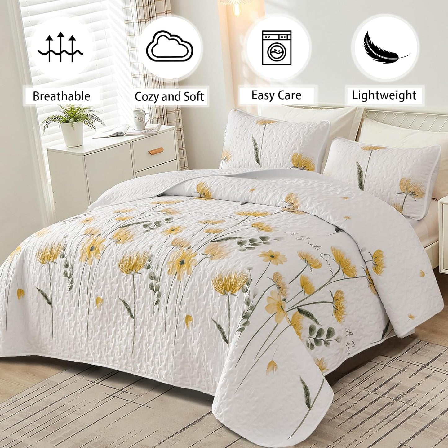Quilt Set Queen Cute Floral Bedspread Coverlet Yellow Flower Quilts Microfiber Lightweight Summer Bedding Sets Reversible Soft Quilted Bed Cover for All Season(96"x90")
