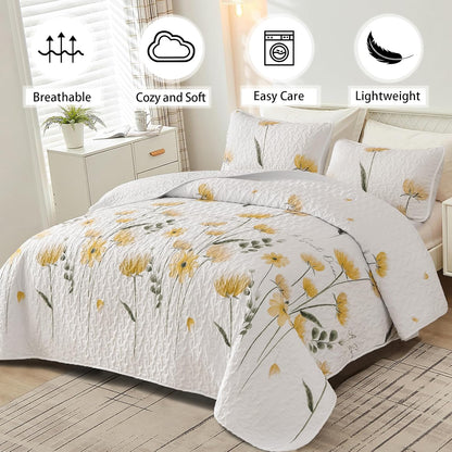 Quilt Set Queen Cute Floral Bedspread Coverlet Yellow Flower Quilts Microfiber Lightweight Summer Bedding Sets Reversible Soft Quilted Bed Cover for All Season(96"x90")