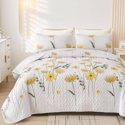 Quilt Set Queen Cute Floral Bedspread Coverlet Yellow Flower Quilts Microfiber Lightweight Summer Bedding Sets Reversible Soft Quilted Bed Cover for All Season(96"x90")