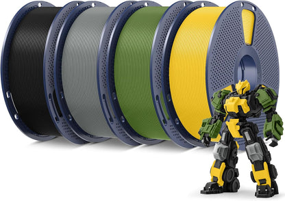 3D Printer Filament PLA Plus 1.75mm, 4KG Bundle | Neatly Wound, For Most FDM 3D Printer, 1 kg Spool, 4 Packs, Black+Grey+Olive Green+Vivid Yellow