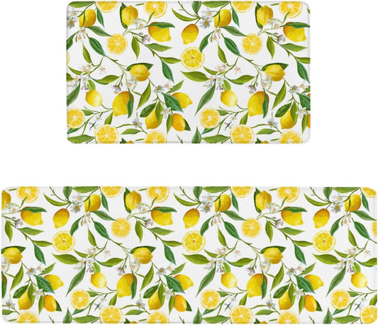 Summer Lemon Kitchen Decor Anti Fatigue Rugs and Mats Non Slip Comfort Washable Waterproof Floor Kitchen Mat, Yellow Lemon Rug Set of 2 for Home, Sink, Laundry, 17.3"x47"+17.3"x30"