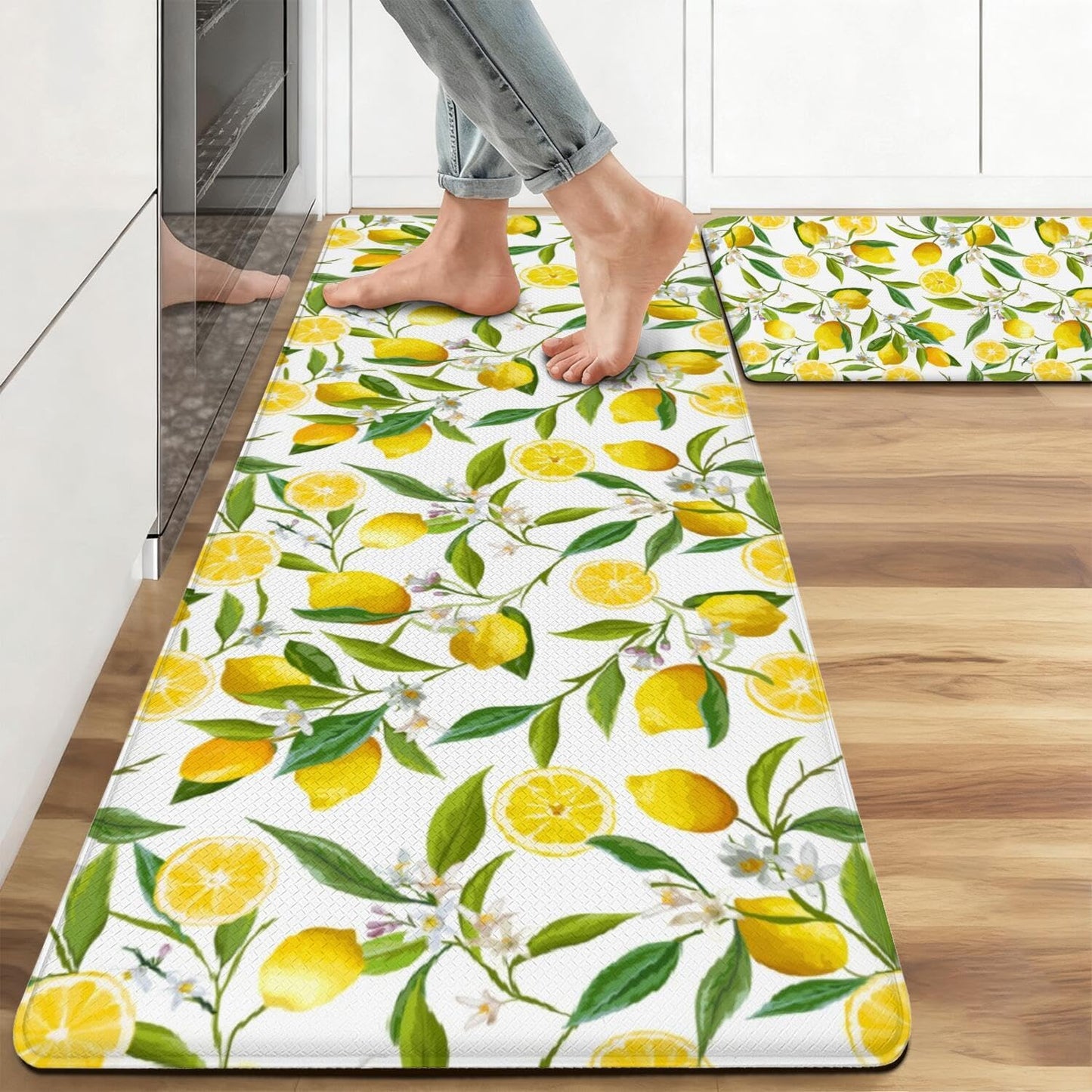 Summer Lemon Kitchen Decor Anti Fatigue Rugs and Mats Non Slip Comfort Washable Waterproof Floor Kitchen Mat, Yellow Lemon Rug Set of 2 for Home, Sink, Laundry, 17.3"x47"+17.3"x30"
