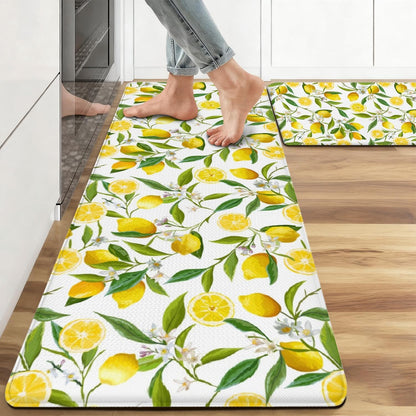 Summer Lemon Kitchen Decor Anti Fatigue Rugs and Mats Non Slip Comfort Washable Waterproof Floor Kitchen Mat, Yellow Lemon Rug Set of 2 for Home, Sink, Laundry, 17.3"x47"+17.3"x30"