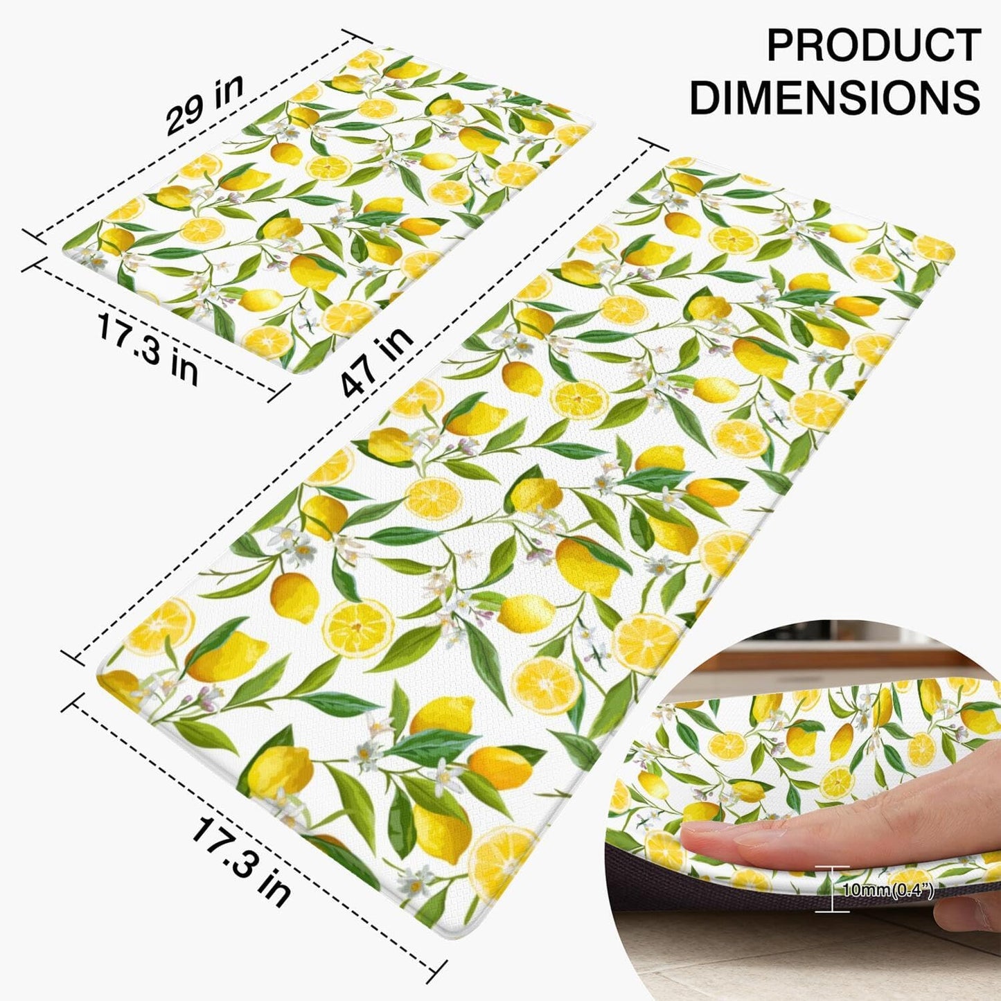 Summer Lemon Kitchen Decor Anti Fatigue Rugs and Mats Non Slip Comfort Washable Waterproof Floor Kitchen Mat, Yellow Lemon Rug Set of 2 for Home, Sink, Laundry, 17.3"x47"+17.3"x30"