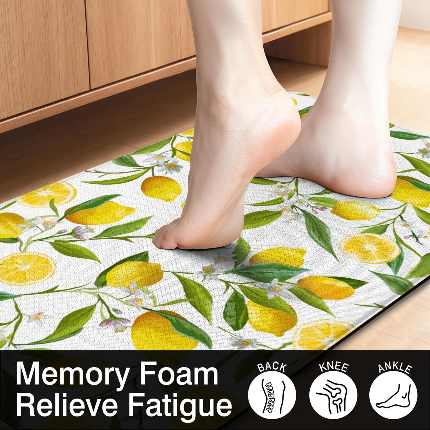 Summer Lemon Kitchen Decor Anti Fatigue Rugs and Mats Non Slip Comfort Washable Waterproof Floor Kitchen Mat, Yellow Lemon Rug Set of 2 for Home, Sink, Laundry, 17.3"x47"+17.3"x30"