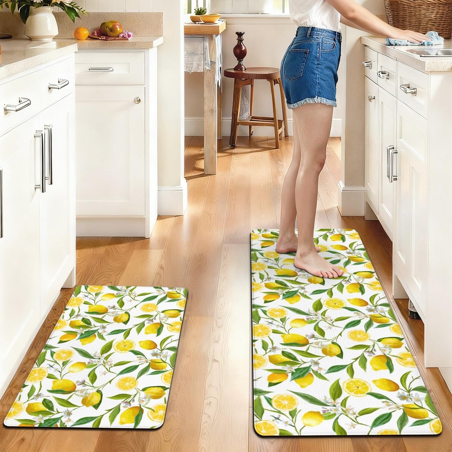 Summer Lemon Kitchen Decor Anti Fatigue Rugs and Mats Non Slip Comfort Washable Waterproof Floor Kitchen Mat, Yellow Lemon Rug Set of 2 for Home, Sink, Laundry, 17.3"x47"+17.3"x30"