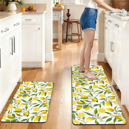 Summer Lemon Kitchen Decor Anti Fatigue Rugs and Mats Non Slip Comfort Washable Waterproof Floor Kitchen Mat, Yellow Lemon Rug Set of 2 for Home, Sink, Laundry, 17.3"x47"+17.3"x30"