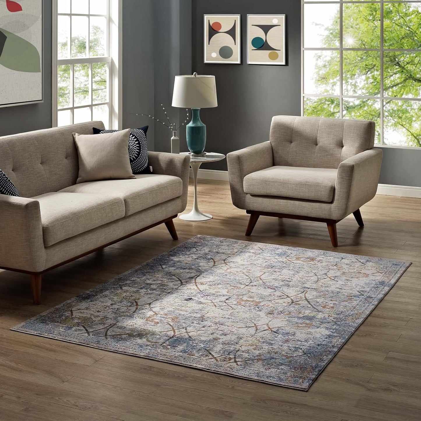 Minu Distressed Floral Lattice 5x8 Area Rug in Light Blue, Yellow and Orange