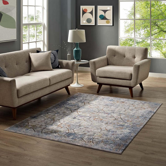 Minu Distressed Floral Lattice 5x8 Area Rug in Light Blue, Yellow and Orange