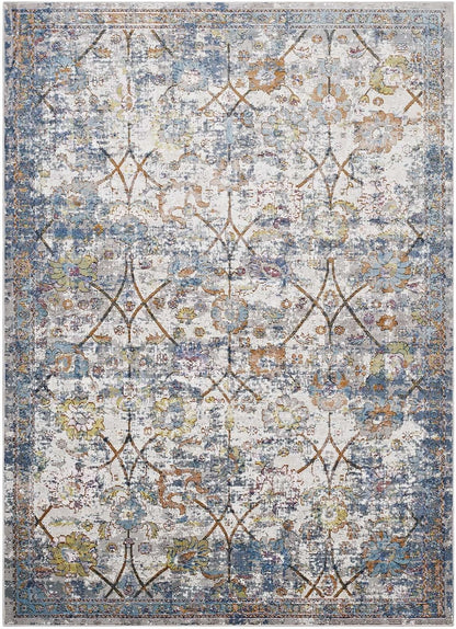 Minu Distressed Floral Lattice 5x8 Area Rug in Light Blue, Yellow and Orange
