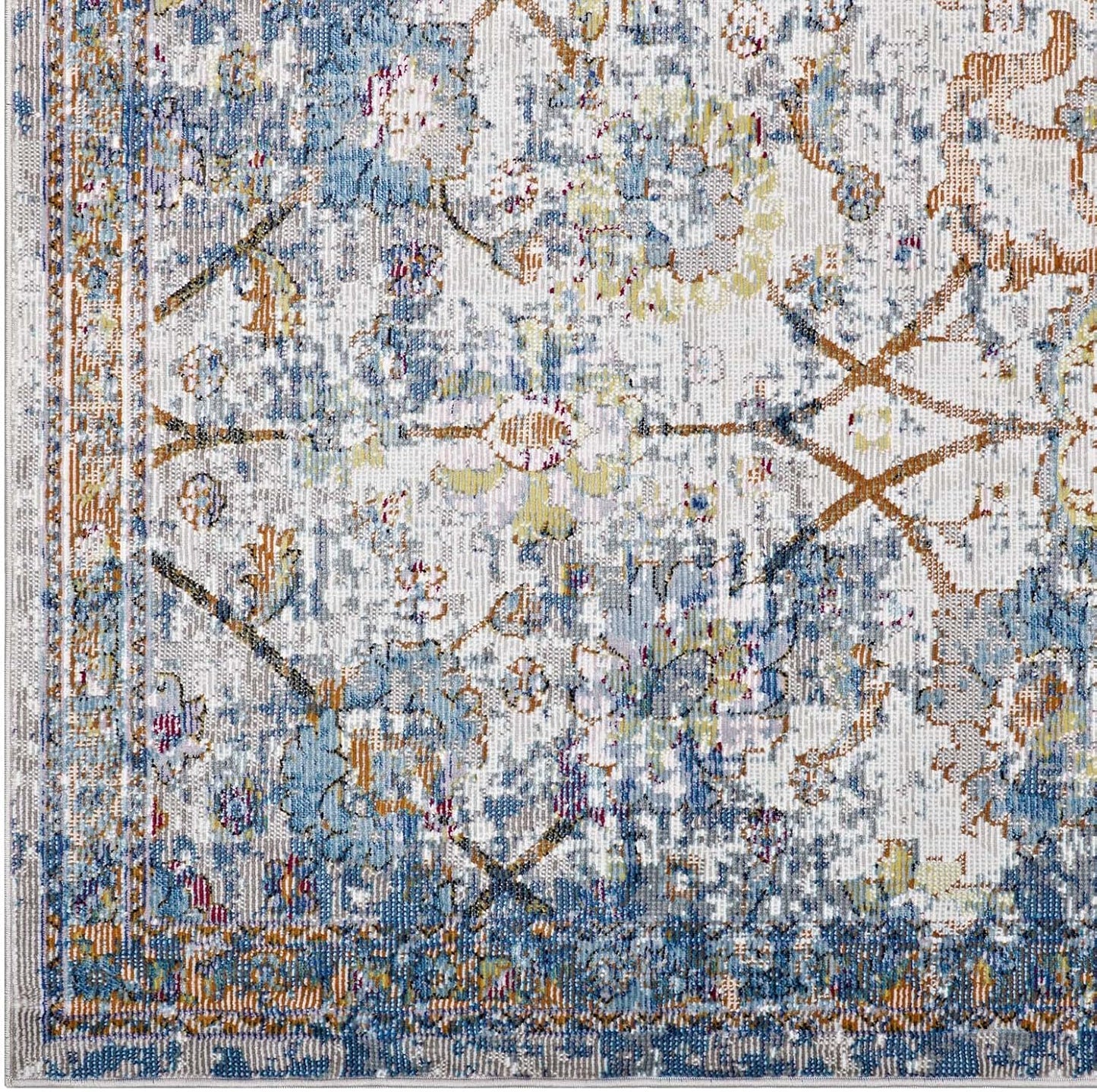Minu Distressed Floral Lattice 5x8 Area Rug in Light Blue, Yellow and Orange